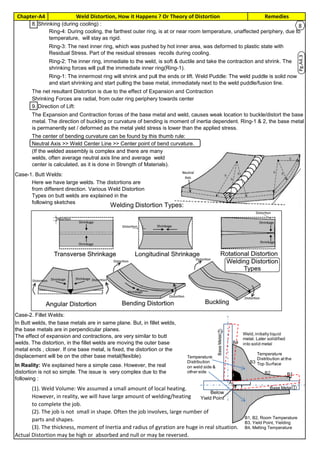RemediesChapter-A4 Weld Distortion, How it Happens ? Or Theory of Distortion
By JGC Annamalai
(3). Moderate temperatutre .
Weak in strength. Elastic
range. Stays as residual
stress
Expanding
Forces
T
T4
T1
T2
T3
C
Pool
Temperature
Ring-
Ring-
Ring-
Ring-
Ring-
(5). Room Temperature. Strong &
rigid. No change in shape
(2). High temperature.
Yielding. Change in shape.
(1). Liquid to Solid phase
change. No change in
(4). Strong, yielding. plastic range &
permanent set.
Expanding
Forces
6
The net resultant Distortion is due to the effect of Expansion and Contraction
Shrinking Forces are radial, from outer ring periphery towards center
Case-1. Butt Welds:
Case-2. Fillet Welds:
(3). The thickness, moment of Inertia and radius of gyration are huge in real situation.
Actual Distortion may be high or absorbed and null or may be reversed.
In Butt welds, the base metals are in same plane. But, in fillet welds,
the base metals are in perpendicular planes.
The effect of expansion and contractions, are very similar to butt
welds. The distortion, in the fillet welds are moving the outer base
metal ends , closer. If one base metal, is fixed, the distortion or the
displacement will be on the other base metal(flexible).
In Reality: We explained here a simple case. However, the real
distortion is not so simple. The issue is very complex due to the
following :
(1). Weld Volume: We assumed a small amount of local heating.
However, in reality, we will have large amount of welding/heating
to complete the job.
(2). The job is not small in shape. Often the job involves, large number of
parts and shapes.
9. Direction of Lift:
The center of bending curvature can be found by this thumb rule:
Ring-4: During cooling, the farthest outer ring, is at or near room temperature, unaffected periphery, due to
temperature, will stay as rigid.
Ring-2: The inner ring, immediate to the weld, is soft & ductile and take the contraction and shrink. The
shrinking forces will pull the immediate inner ring(Ring-1).
Ring-3: The next inner ring, which was pushed by hot inner area, was deformed to plastic state with
Residual Stress. Part of the residual stresses recoils during cooling.
Here we have large welds. The distortions are
from different direction. Various Weld Distortion
Types on butt welds are explained in the
following sketches
(If the welded assembly is complex and there are many
welds, often average neutral axis line and average weld
center is calculated, as it is done in Strength of Materials).
Neutral Axis >> Weld Center Line >> Center point of bend curvature.
The Expansion and Contraction forces of the base metal and weld, causes weak location to buckle/distort the base
metal. The direction of buckling or curvature of bending is moment of inertia dependent. Ring-1 & 2, the base metal
is permanently set / deformed as the metal yield stress is lower than the applied stress.
Ring-1: The innermost ring will shrink and pull the ends or lift. Weld Puddle: The weld puddle is solid now
and start shrinking and start pulling the base metal, immediately next to the weld puddle/fusion line.
8. Shrinking (during cooling) :
Temperature
Distribution at the
Top Surface
Weld, initially liquid
metal. Later solidified
into solid metal
l
A
A2
B1
B3
Base Metal
BaseMetal
B2
j
k
Below
Yield Point
B4
Temperature
Distribution
on weld side &
other side
B1, B2, Room Temperature
B3, Yield Point, Yielding
B4, Melting Temperature
Welding Distortion Types:
Pg.A4.3
8
 