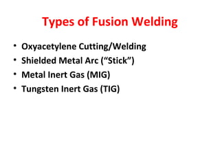 Types of Fusion Welding 
• Oxyacetylene Cutting/Welding 
• Shielded Metal Arc (“Stick”) 
• Metal Inert Gas (MIG) 
• Tungsten Inert Gas (TIG) 
 