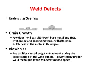 Weld Defects 
• Undercuts/Overlaps 
• Grain Growth 
– A wide DT will exist between base metal and HAZ. 
Preheating and cooling methods will affect the 
brittleness of the metal in this region 
• Blowholes 
– Are cavities caused by gas entrapment during the 
solidification of the weld puddle. Prevented by proper 
weld technique (even temperature and speed) 
 