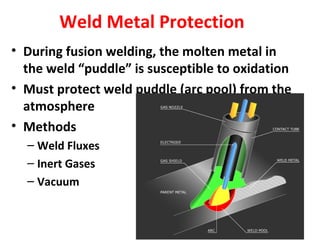 Weld Metal Protection 
• During fusion welding, the molten metal in 
the weld “puddle” is susceptible to oxidation 
• Must protect weld puddle (arc pool) from the 
atmosphere 
• Methods 
– Weld Fluxes 
– Inert Gases 
– Vacuum 
 