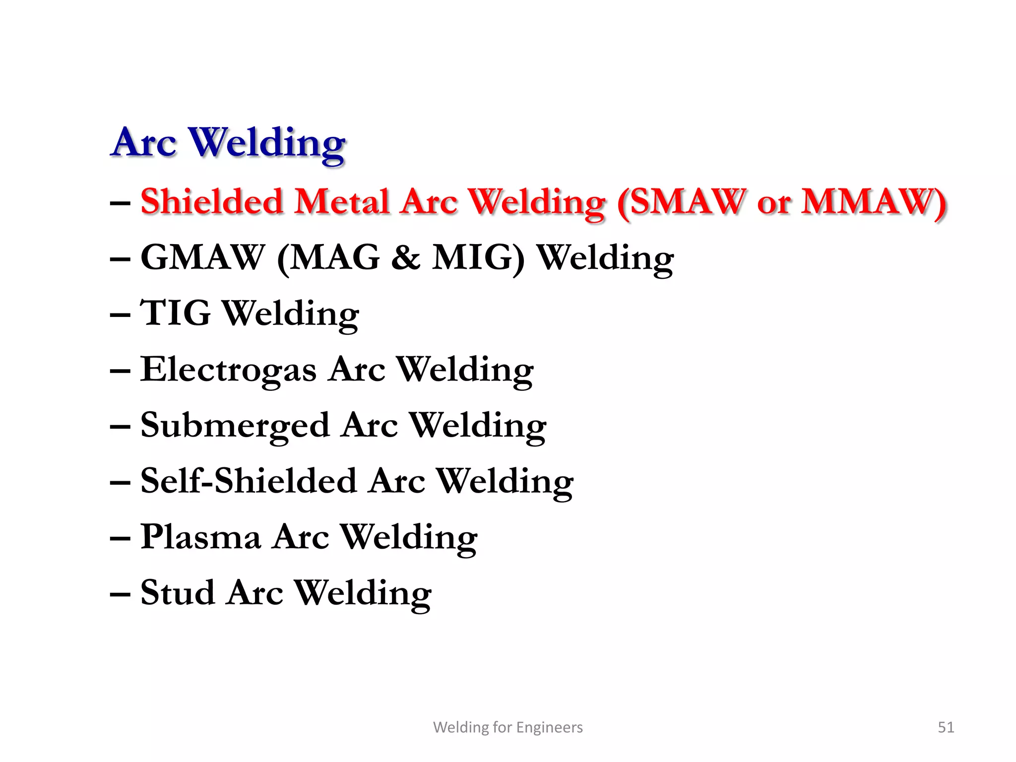 Arc Welding
– Shielded Metal Arc Welding (SMAW or MMAW)
– GMAW (MAG & MIG) Welding
– TIG Welding
– Electrogas Arc Welding
– Submerged Arc Welding
– Self-Shielded Arc Welding
– Plasma Arc Welding
– Stud Arc Welding


                Welding for Engineers     51
 
