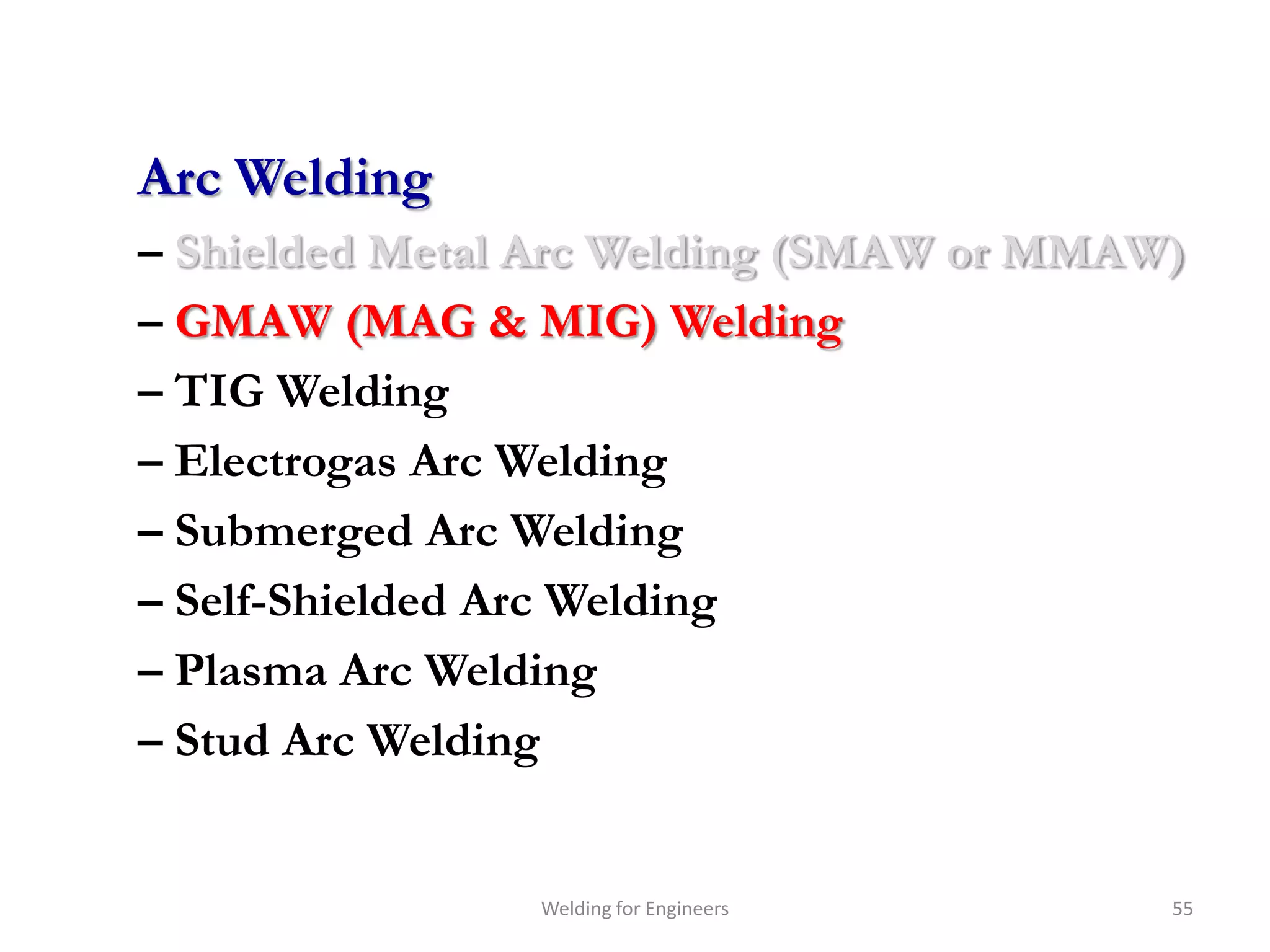 Arc Welding
– Shielded Metal Arc Welding (SMAW or MMAW)
– GMAW (MAG & MIG) Welding
– TIG Welding
– Electrogas Arc Welding
– Submerged Arc Welding
– Self-Shielded Arc Welding
– Plasma Arc Welding
– Stud Arc Welding


                Welding for Engineers     55
 