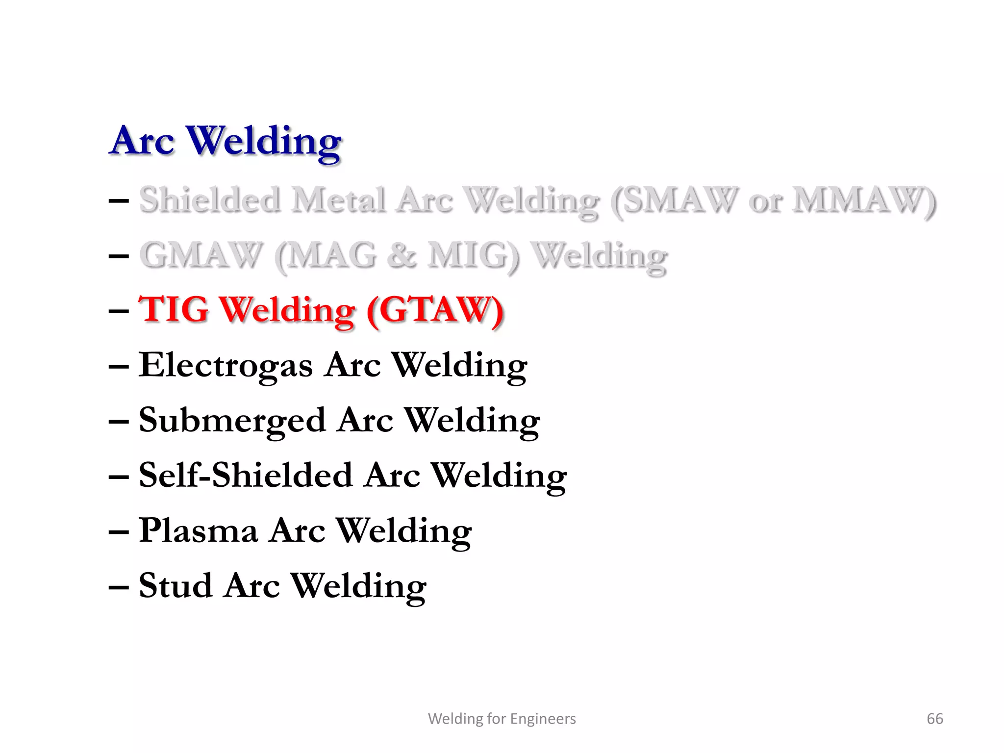 Arc Welding
– Shielded Metal Arc Welding (SMAW or MMAW)
– GMAW (MAG & MIG) Welding
– TIG Welding (GTAW)
– Electrogas Arc Welding
– Submerged Arc Welding
– Self-Shielded Arc Welding
– Plasma Arc Welding
– Stud Arc Welding


                Welding for Engineers     66
 