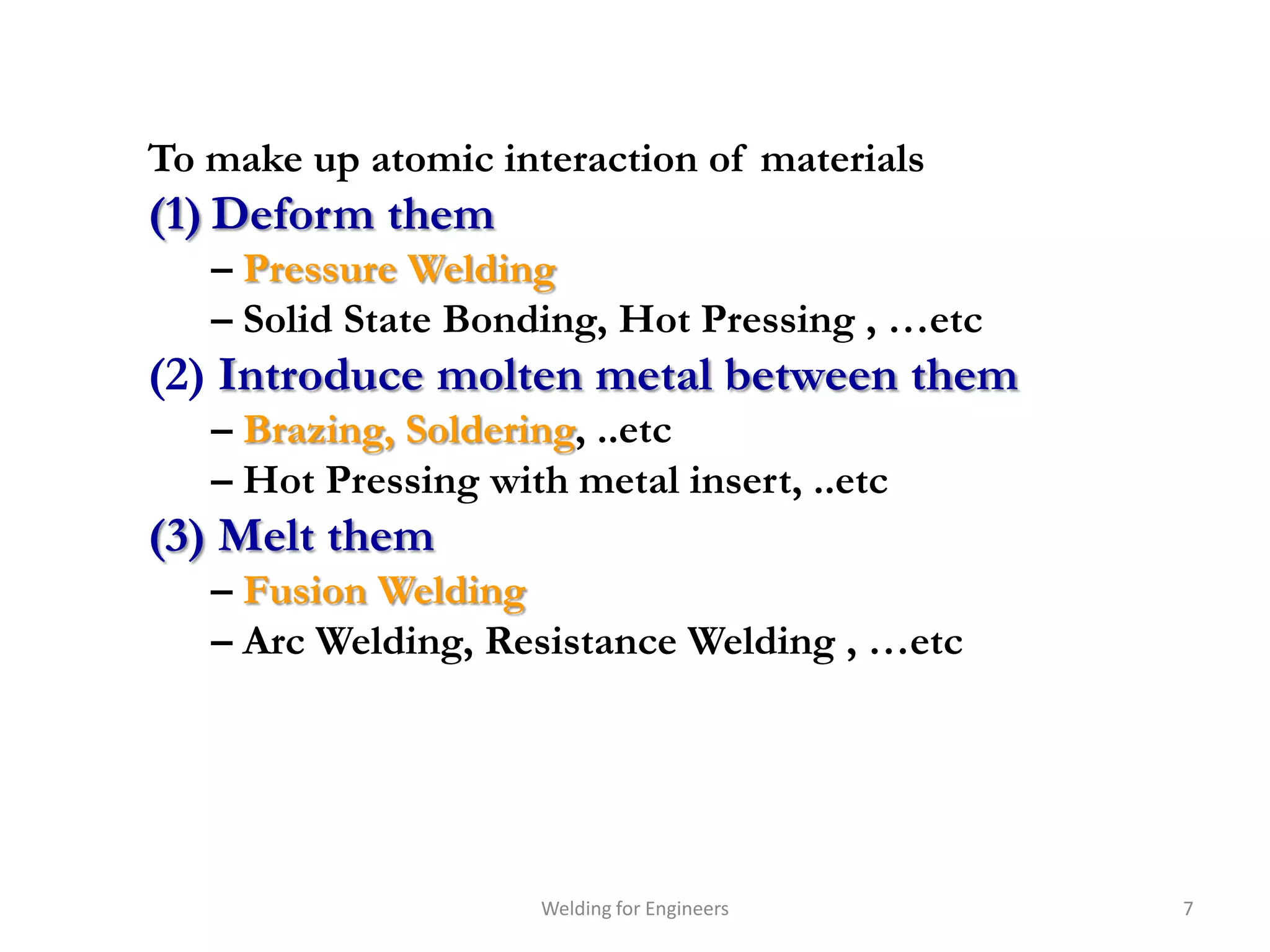 To make up atomic interaction of materials
(1) Deform them
   – Pressure Welding
   – Solid State Bonding, Hot Pressing , …etc
(2) Introduce molten metal between them
   – Brazing, Soldering, ..etc
   – Hot Pressing with metal insert, ..etc
(3) Melt them
   – Fusion Welding
   – Arc Welding, Resistance Welding , …etc




                      Welding for Engineers     7
 