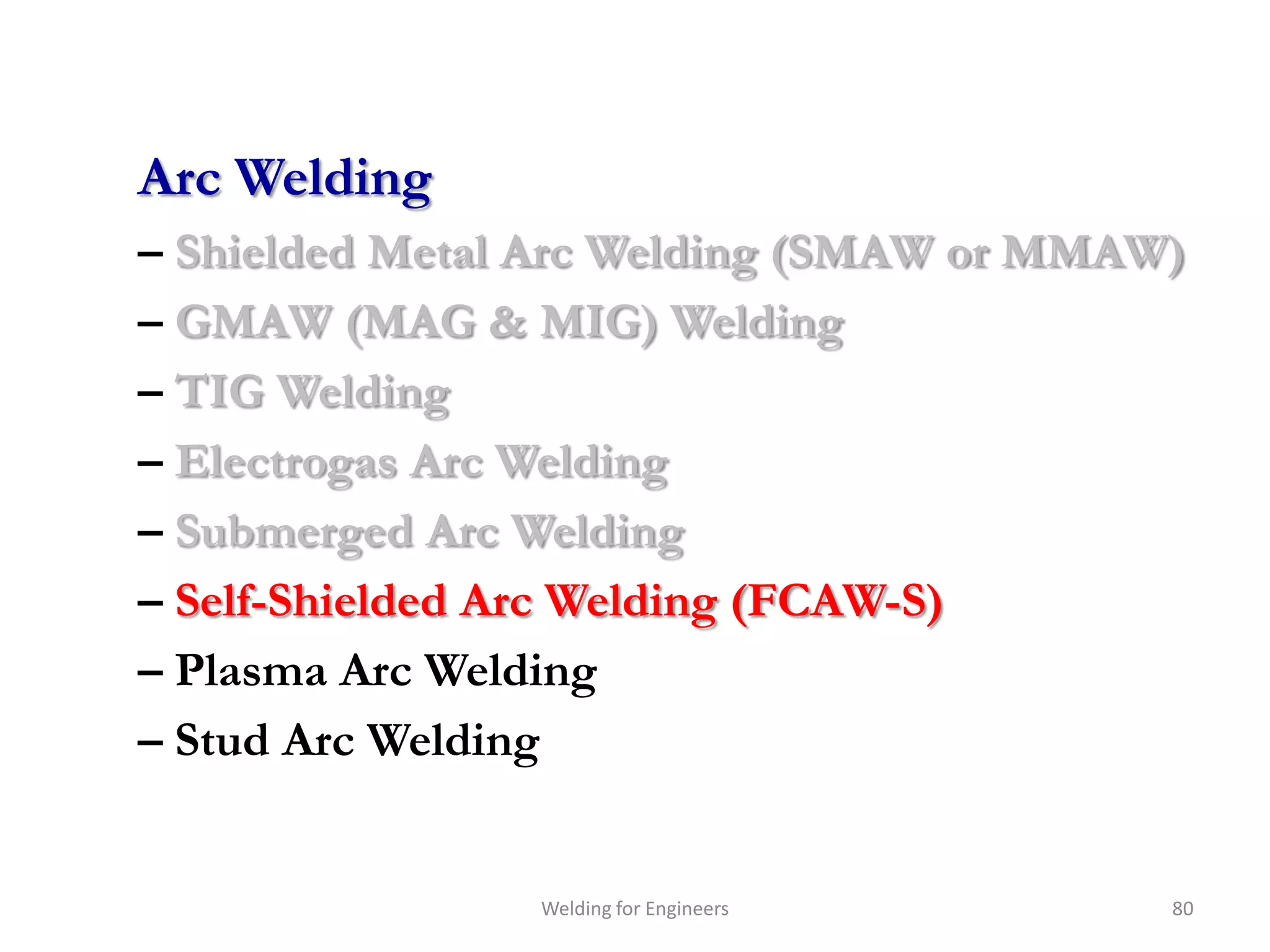 Arc Welding
– Shielded Metal Arc Welding (SMAW or MMAW)
– GMAW (MAG & MIG) Welding
– TIG Welding
– Electrogas Arc Welding
– Submerged Arc Welding
– Self-Shielded Arc Welding (FCAW-S)
– Plasma Arc Welding
– Stud Arc Welding


                Welding for Engineers     80
 