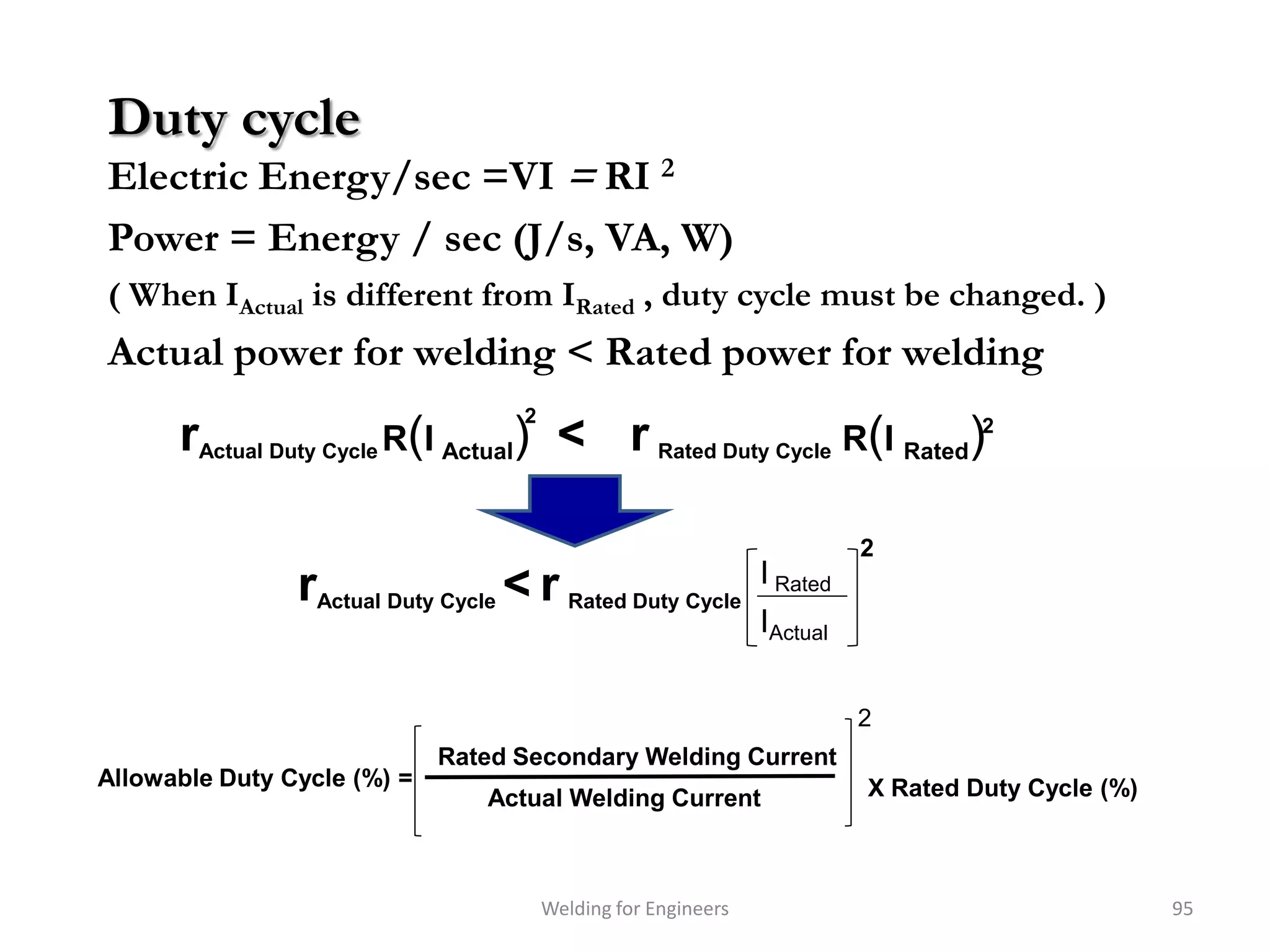 Duty cycle
Electric Energy/sec =VI = RI 2
Power = Energy / sec (J/s, VA, W)
( When IActual is different from IRated , duty cycle must be changed. )
Actual power for welding < Rated power for welding
                                   2
      rActual Duty Cycle R(I Actual) < r Rated Duty Cycle R(I Rated)2

                                                                         2
                                                               I Rated
                rActual Duty Cycle < r Rated Duty Cycle
                                                               IActual

                                                                         2
                             Rated Secondary Welding Current
Allowable Duty Cycle (%) =                                               X Rated Duty Cycle (%)
                                Actual Welding Current



                                       Welding for Engineers                                      95
 