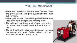 WIRE FEED MECHANISM
There are three basic forms of wire feeders. They
are ‘push’ system, the ‘pull’ system and the ‘push–
pull’ system.
In the push system, the wire is pushed by the wire
feed drive rolls along to the welding torch.
The pull system utilizes a set of wire rolls in the
torch handle which pull the wire from the wire
reel.
The push–pull system is a combination of the above
two systems with a set of drive rolls at both the
wire reel feeder and in the torch.
 