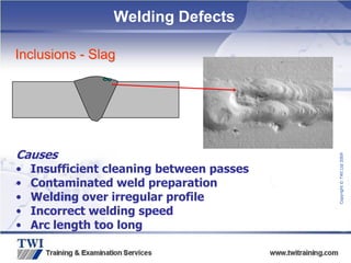 Copyright
©
TWI
Ltd
2009
Welding Defects
Inclusions - Slag
Causes
• Insufficient cleaning between passes
• Contaminated weld preparation
• Welding over irregular profile
• Incorrect welding speed
• Arc length too long
 