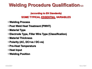 Welding Procedure Qualification 5.3
                        (according to EN Standards)
              SOME TYPICAL ESSENTIAL VARIABLES
   • Welding Process
   • Post Weld Heat Treatment (PWHT)
   • Material Type
   • Electrode Type, Filler Wire Type (Classification)
   • Material Thickness
   • Polarity (AC, DC+ve / DC-ve)
   • Pre-Heat Temperature
   • Heat Input
   • Welding Position



4/23/2007                                                152 of 691
 