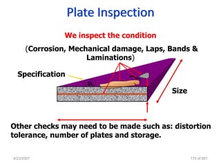 Plate Inspection
                We inspect the condition
      (Corrosion, Mechanical damage, Laps, Bands &
                      Laminations)

  Specification
                     5L
                                           Size



Other checks may need to be made such as: distortion
tolerance, number of plates and storage.

4/23/2007                                         170 of 691
 