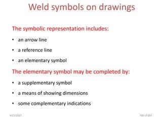 Weld symbols on drawings

 The symbolic representation includes:
 • an arrow line
 • a reference line
 • an elementary symbol

 The elementary symbol may be completed by:
 • a supplementary symbol
 • a means of showing dimensions
 • some complementary indications

4/23/2007                                     180 of 691
 