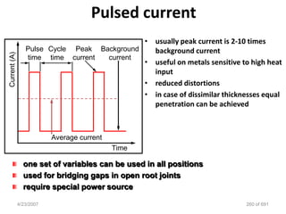 Pulsed current
                                             • usually peak current is 2-10 times
                 Pulse Cycle Peak Background   background current
Current (A)




                 time time current  current
                                             • useful on metals sensitive to high heat
                                               input
                                             • reduced distortions
                                             • in case of dissimilar thicknesses equal
                                               penetration can be achieved



                          Average current
                                            Time

                one set of variables can be used in all positions
                used for bridging gaps in open root joints
                require special power source

              4/23/2007                                                     260 of 691
 