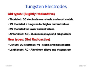 Tungsten Electrodes
  Old types: (Slightly Radioactive)
  • Thoriated: DC electrode -ve - steels and most metals
  • 1% thoriated + tungsten for higher current values
  • 2% thoriated for lower current values
  • Zirconiated: AC - aluminum alloys and magnesium

  New types: (Not Radioactive)
  • Cerium: DC electrode -ve - steels and most metals
  • Lanthanum: AC - Aluminum alloys and magnesium




4/23/2007                                                  262 of 691
 
