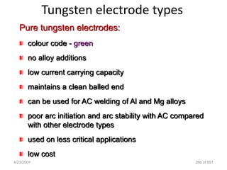 Tungsten electrode types
   Pure tungsten electrodes:
       colour code - green
       no alloy additions
       low current carrying capacity
       maintains a clean balled end
       can be used for AC welding of Al and Mg alloys
       poor arc initiation and arc stability with AC compared
       with other electrode types
       used on less critical applications
       low cost
4/23/2007                                                 266 of 691
 