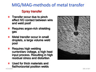 MIG/MAG-methods of metal transfer
              Spray transfer
       Transfer occur due to pinch
       effect NO contact between wire
       and weld pool!
       Requires argon-rich shielding
       gas
       Metal transfer occur in small
       droplets, a large volume weld
       pool
       Requires high welding
       current/arc voltage, a high heat
       input process. Resulting in high
       residual stress and distortion
       Used for thick materials and
       flat/horizontal position welds
4/23/2007                                 306 of 691
 