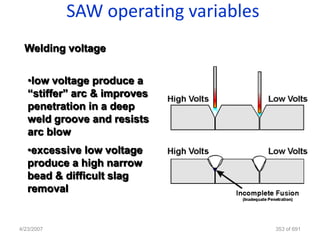 SAW operating variables
 Welding voltage


   •low voltage produce a
   “stiffer” arc & improves
   penetration in a deep
   weld groove and resists
   arc blow
   •excessive low voltage
   produce a high narrow
   bead & difficult slag
   removal


4/23/2007                             353 of 691
 