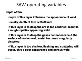 SAW operating variables
 Depth of flux
    •depth of flux layer influence the appearance of weld
    •usually, depth of flux is 25-30 mm
    •if flux layer is to deep the arc is too confined, result is
    a rough ropelike appearing weld
    •if flux layer is to deep the gases cannot escape & the
    surface of molten weld metal becomes irregularly
    distorted
    •if flux layer is too shallow, flashing and spattering will
    occur, give a poor appearance and porous weld

4/23/2007                                                359 of 691
 