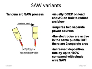 SAW variants
 Tandem arc SAW process   •usually DCEP on lead
                          and AC on trail to reduce
                          arc blow
                          •requires two separate
                          power sources
                          •the electrodes are active
                          in the same puddle BUT
                          there are 2 separate arcs
                          •increased deposition
                          rate by up to 100%
                          compared with single
                          wire SAW
4/23/2007                                    370 of 691
 