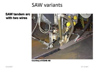SAW variants
SAW tandem arc
with two wires




                 Courtesy of ESAB AB


4/23/2007                              371 of 691
 