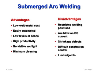 Submerged Arc Welding

      Advantages                 Disadvantages
      • Low weld-metal cost    • Restricted welding
                                 positions
      • Easily automated
                               • Arc blow on DC
      • Low levels of ozone      current
      • High productivity      • Shrinkage defects
      • No visible arc light   • Difficult penetration
                                 control
      • Minimum cleaning
                               • Limited joints




4/23/2007                                                384 of 691
 