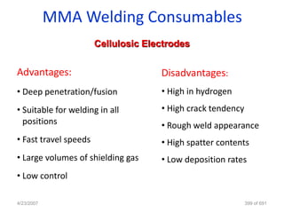 MMA Welding Consumables
                       Cellulosic Electrodes


Advantages:                          Disadvantages:
• Deep penetration/fusion            • High in hydrogen
• Suitable for welding in all        • High crack tendency
  positions                          • Rough weld appearance
• Fast travel speeds                 • High spatter contents
• Large volumes of shielding gas     • Low deposition rates
• Low control

4/23/2007                                                    399 of 691
 