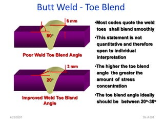 Butt Weld - Toe Blend
                              6 mm      •Most codes quote the weld
                                         toes shall blend smoothly
                      80                •This statement is not
                                         quantitative and therefore
                                         open to individual
            Poor Weld Toe Blend Angle    interpretation
                              3 mm      •The higher the toe blend
                                         angle the greater the
                      20                 amount of stress
                                         concentration
                                        •The toe blend angle ideally
            Improved Weld Toe Blend
                     Angle               should be between 20o-30o


4/23/2007                                                     39 of 691
 