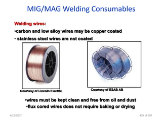 MIG/MAG Welding Consumables
   Welding wires:
   •carbon and low alloy wires may be copper coated
   • stainless steel wires are not coated




       Courtesy of Lincoln Electric       Courtesy of ESAB AB


            •wires must be kept clean and free from oil and dust
             •flux cored wires does not require baking or drying
4/23/2007                                                          429 of 691
 