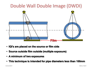 Double Wall Double Image (DWDI)




                                      Film
 • IQI‟s are placed on the source or film side
 • Source outside film outside (multiple exposure)
 • A minimum of two exposures
 • This technique is intended for pipe diameters less than 100mm
4/23/2007                                                  468 of 691
 