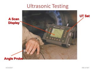 Ultrasonic Testing
                                   UT Set
   A Scan
   Display




Angle Probe

4/23/2007                           480 of 691
 
