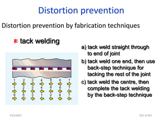 Distortion prevention
Distortion prevention by fabrication techniques

         tack welding
                           a) tack weld straight through
                              to end of joint
                           b) tack weld one end, then use
                              back-step technique for
                              tacking the rest of the joint
                           c) tack weld the centre, then
                              complete the tack welding
                              by the back-step technique


  4/23/2007                                         553 of 691
 