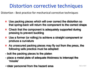 Distortion corrective techniques
Distortion - Best practice for mechanical corrective techniques

      Use packing pieces which will over correct the distortion so
      that spring-back will return the component to the correct shape
      Check that the component is adequately supported during
      pressing to prevent buckling
      Use a former (or rolling) to achieve a straight component or
      produce a curvature
      As unsecured packing pieces may fly out from the press, the
      following safe practice must be adopted:
   - bolt the packing pieces to the platen
   - place a metal plate of adequate thickness to intercept the
      'missile'
   - clear personnel from the hazard area
   4/23/2007                                                      562 of 691
 