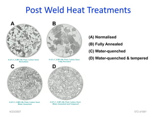 Post Weld Heat Treatments
 A                B

                          (A) Normalised
                          (B) Fully Annealed
                          (C) Water-quenched
                          (D) Water-quenched & tempered

 C                D




4/23/2007                                       572 of 691
 