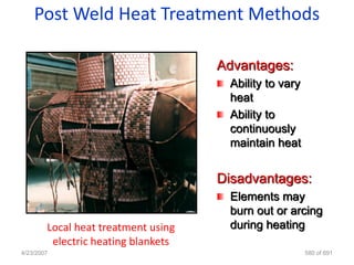 Post Weld Heat Treatment Methods

                                     Advantages:
                                      Ability to vary
                                      heat
                                      Ability to
                                      continuously
                                      maintain heat


                                     Disadvantages:
                                      Elements may
                                      burn out or arcing
        Local heat treatment using    during heating
         electric heating blankets
4/23/2007                                               580 of 691
 