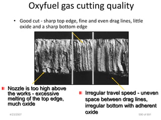 Oxyfuel gas cutting quality
   • Good cut - sharp top edge, fine and even drag lines, little
     oxide and a sharp bottom edge




Nozzle is too high above
the works - excessive               Irregular travel speed - uneven
melting of the top edge,            space between drag lines,
much oxide                          irregular bottom with adherent
4/23/2007
                                    oxide                   590 of 691
 