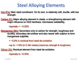Steel Alloying Elements
Iron (Fe): Main steel constituent. On its own, is relatively soft, ductile, with low
       strength.
Carbon (C): Major alloying element in steels, a strengthening element with
     major influence on HAZ hardness. Decreases weldability.
         •typically < ~ 0.25%
Manganese (Mn): Secondary only to carbon for strength, toughness and
     ductility, secondary de-oxidiser and also reacts with sulphur to form
     manganese sulphide.
         < ~0.8% is residual from steel de-oxidation
         •up to ~1.6% (in C-Mn steels) improves strength & toughness
Silicon (Si): Residual element from steel de-oxidation.
         •typically to ~0.35%

    4/23/2007                                                              604 of 691
 