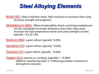Steel Alloying Elements
Nickel (Ni): Used in stainless steels, high resistance to corrosion from acids,
            increases strength and toughness

Molybdenum (Mo): Affects hardenability. Steels containing molybdenum
            are less susceptible to temper brittleness than other alloy steels.
            Increases the high temperature tensile and creep strengths of steel.
            typically ~ 0.5 to 1.0%

Niobium (Nb): a grain refiner, typically~ 0.05%
Vanadium (V): a grain refiner, typically ~ 0.05%
Titanium (Ti): a grain refiner, typically ~ 0.05%
Copper (Cu): present as a residual, (typically < ~ 0.30%)
             added to ‘weathering steels’ (~ 0.6%) to give better resistance to
             atmospheric corrosion

4/23/2007                                                                   606 of 691
 