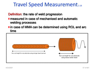 Travel Speed Measurement            2.18



   Definition: the rate of weld progression
    measured in case of mechanised and automatic
    welding processes
    in case of MMA can be determined using ROL and arc
    time




4/23/2007                                              57 of 691
 