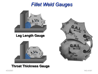 Fillet Weld Gauges

                         10mm


                          G.A.L.
                     L    S.T.D.
                          16mm




            Leg Length Gauge


                     10mm


                     G.A.L.

                         S.T.D.
                          16mm




      Throat Thickness Gauge
4/23/2007                                642 of 691
 