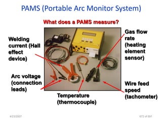 PAMS (Portable Arc Monitor System)
                What does a PAMS measure?
                                            Gas flow
Welding                                     rate
current (Hall                               (heating
effect                                      element
device)                                     sensor)


 Arc voltage
 (connection                                Wire feed
 leads)                                     speed
                    Temperature             (tachometer)
                    (thermocouple)

4/23/2007                                        672 of 691
 