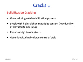 Cracks       3.2


   Solidification Cracking
   • Occurs during weld solidification process
   • Steels with high sulphur impurities content (low ductility
     at elevated temperature)
   • Requires high tensile stress
   • Occur longitudinally down centre of weld




4/23/2007                                                    67 of 691
 