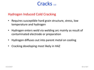 Cracks       3.3



   Hydrogen Induced Cold Cracking
   • Requires susceptible hard grain structure, stress, low
     temperature and hydrogen
   • Hydrogen enters weld via welding arc mainly as result of
     contaminated electrode or preparation
   • Hydrogen diffuses out into parent metal on cooling
   • Cracking developing most likely in HAZ




4/23/2007                                                     68 of 691
 