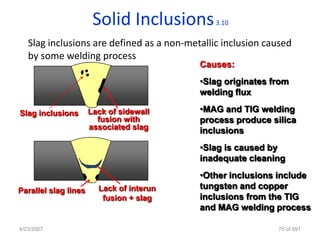 Solid Inclusions        3.10

   Slag inclusions are defined as a non-metallic inclusion caused
   by some welding process
                                           Causes:
                                           •Slag originates from
                                           welding flux

Slag inclusions       Lack of sidewall     •MAG and TIG welding
                        fusion with        process produce silica
                      associated slag      inclusions
                                           •Slag is caused by
                                           inadequate cleaning
                                           •Other inclusions include
Parallel slag lines     Lack of interun    tungsten and copper
                         fusion + slag     inclusions from the TIG
                                           and MAG welding process

4/23/2007                                                    75 of 691
 