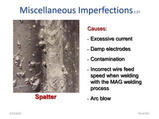 Miscellaneous Imperfections             3.27



                       Causes:
                       •   Excessive current
                       •   Damp electrodes
                       •   Contamination
                       •   Incorrect wire feed
                           speed when welding
                           with the MAG welding
                           process
            Spatter    •   Arc blow

4/23/2007                                         99 of 691
 