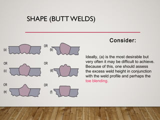 SHAPE (BUTT WELDS)
Ideally, (a) is the most desirable but
very often it may be difficult to achieve.
Because of this, one should assess
the excess weld height in conjunction
with the weld profile and perhaps the
toe blending.
Consider:
 
