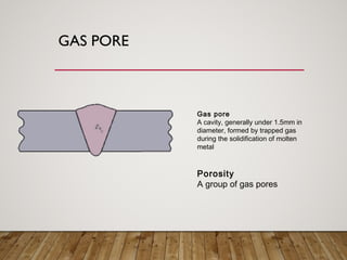 GAS PORE
Gas pore
A cavity, generally under 1.5mm in
diameter, formed by trapped gas
during the solidification of molten
metal
Porosity
A group of gas pores
 