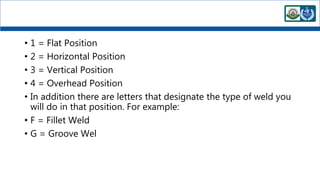 • 1 = Flat Position
• 2 = Horizontal Position
• 3 = Vertical Position
• 4 = Overhead Position
• In addition there are letters that designate the type of weld you
will do in that position. For example:
• F = Fillet Weld
• G = Groove Wel
 