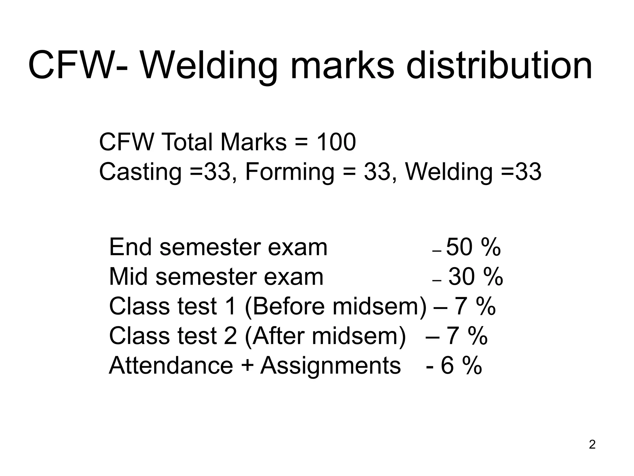 CFW- Welding marks distribution 
2 
End semester exam – 50 % 
Mid semester exam – 30 % 
Class test 1 (Before midsem) – 7 % 
Class test 2 (After midsem) – 7 % 
Attendance + Assignments - 6 % 
CFW Total Marks = 100 Casting =33, Forming = 33, Welding =33  