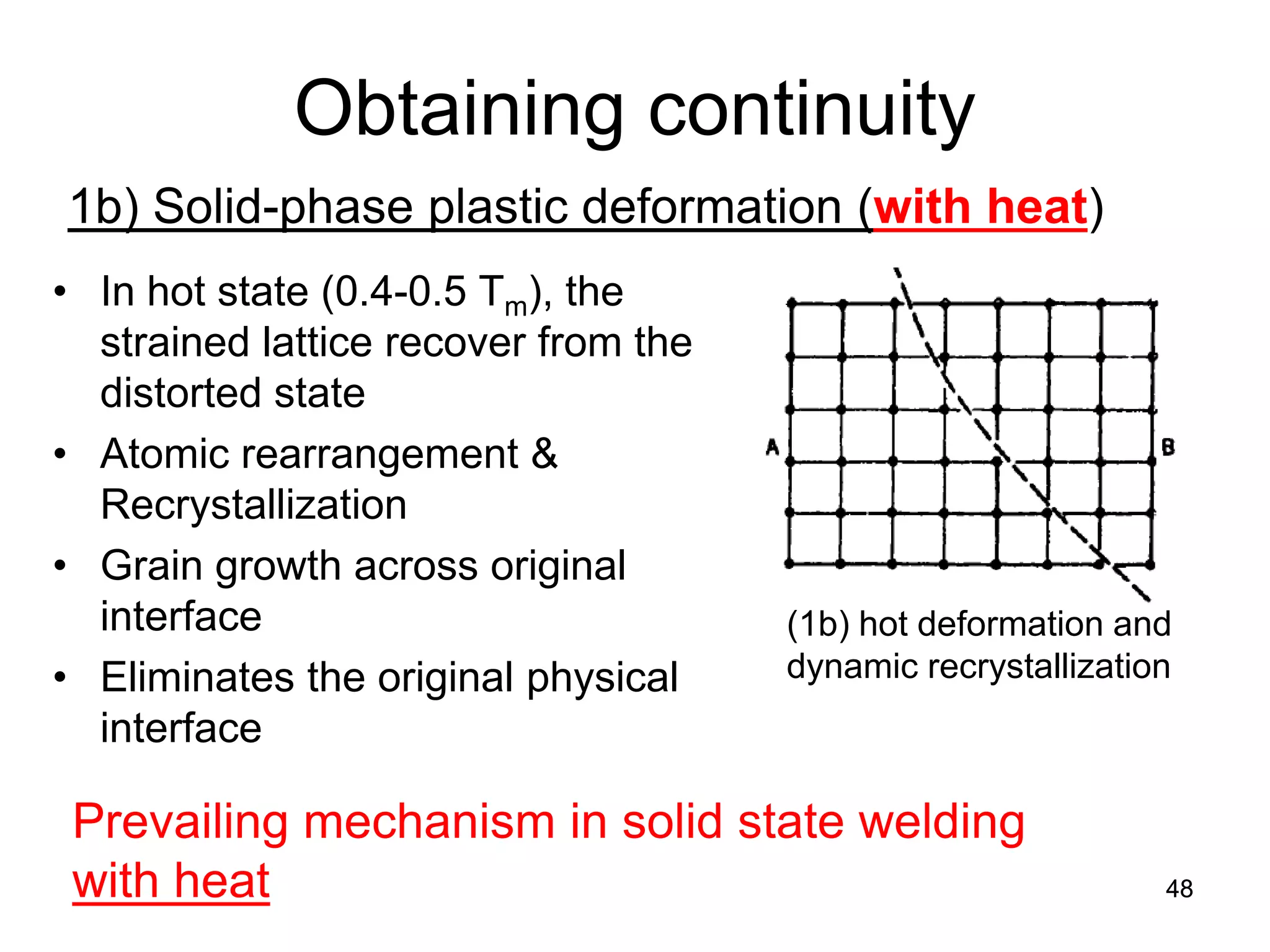 48 
Obtaining continuity 
1b) Solid-phase plastic deformation (with heat) 
(1b) hot deformation and dynamic recrystallization 
• 
In hot state (0.4-0.5 Tm), the strained lattice recover from the distorted state 
• 
Atomic rearrangement & Recrystallization 
• 
Grain growth across original interface 
• 
Eliminates the original physical interface 
Prevailing mechanism in solid state welding with heat  