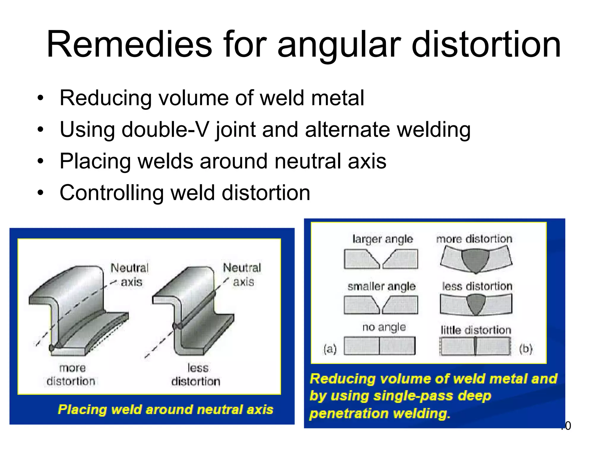 Remedies for angular distortion
• Reducing volume of weld metal
• Using double-V joint and alternate welding
• Placing welds around neutral axis
• Controlling weld distortion
10
 