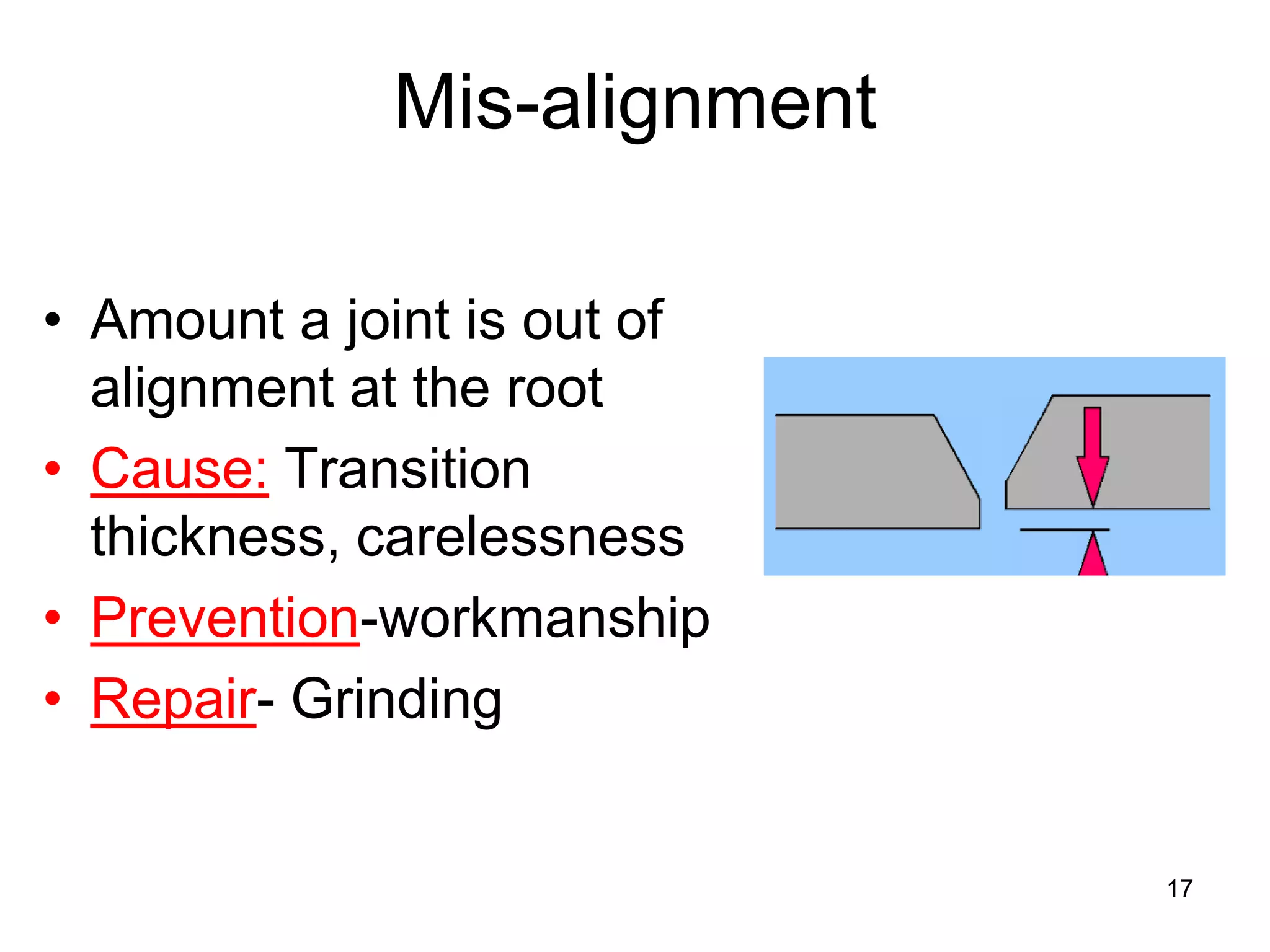 17
Mis-alignment
• Amount a joint is out of
alignment at the root
• Cause: Transition
thickness, carelessness
• Prevention-workmanship
• Repair- Grinding
 